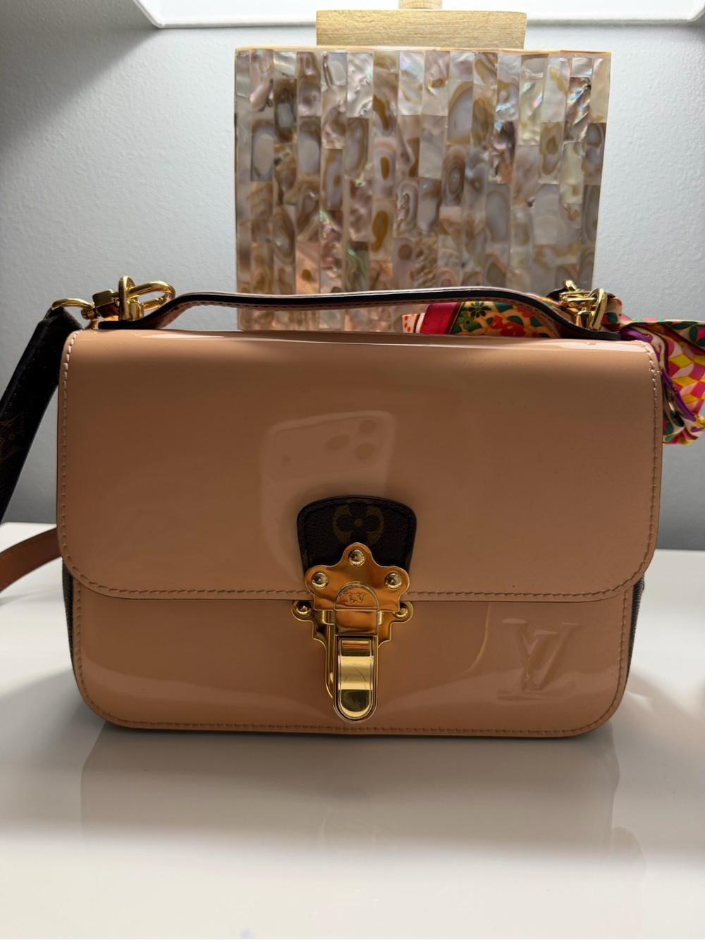 Louis Vuitton Blush Patent Leather Shoulder Bag with Gold Hardware